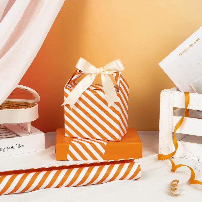 WRAPAHOLIC 30 Inch Reversible Orange Wrapping Paper - Orange and Stripes Wrapping Paper for Birthday, Holiday, Wedding, Baby Shower - 30 inch x 33 feet - Image 3